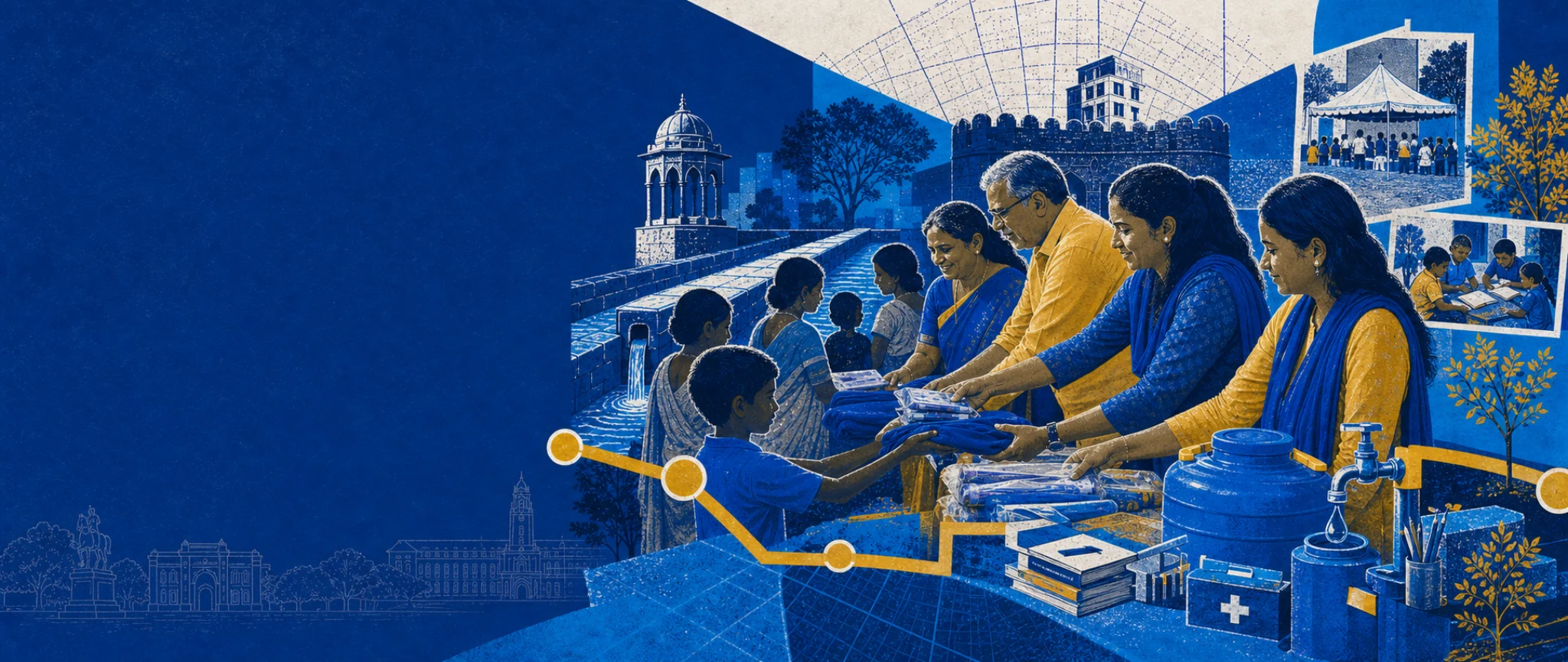 Illustration of community volunteers distributing school and clean-water supplies in Pune.