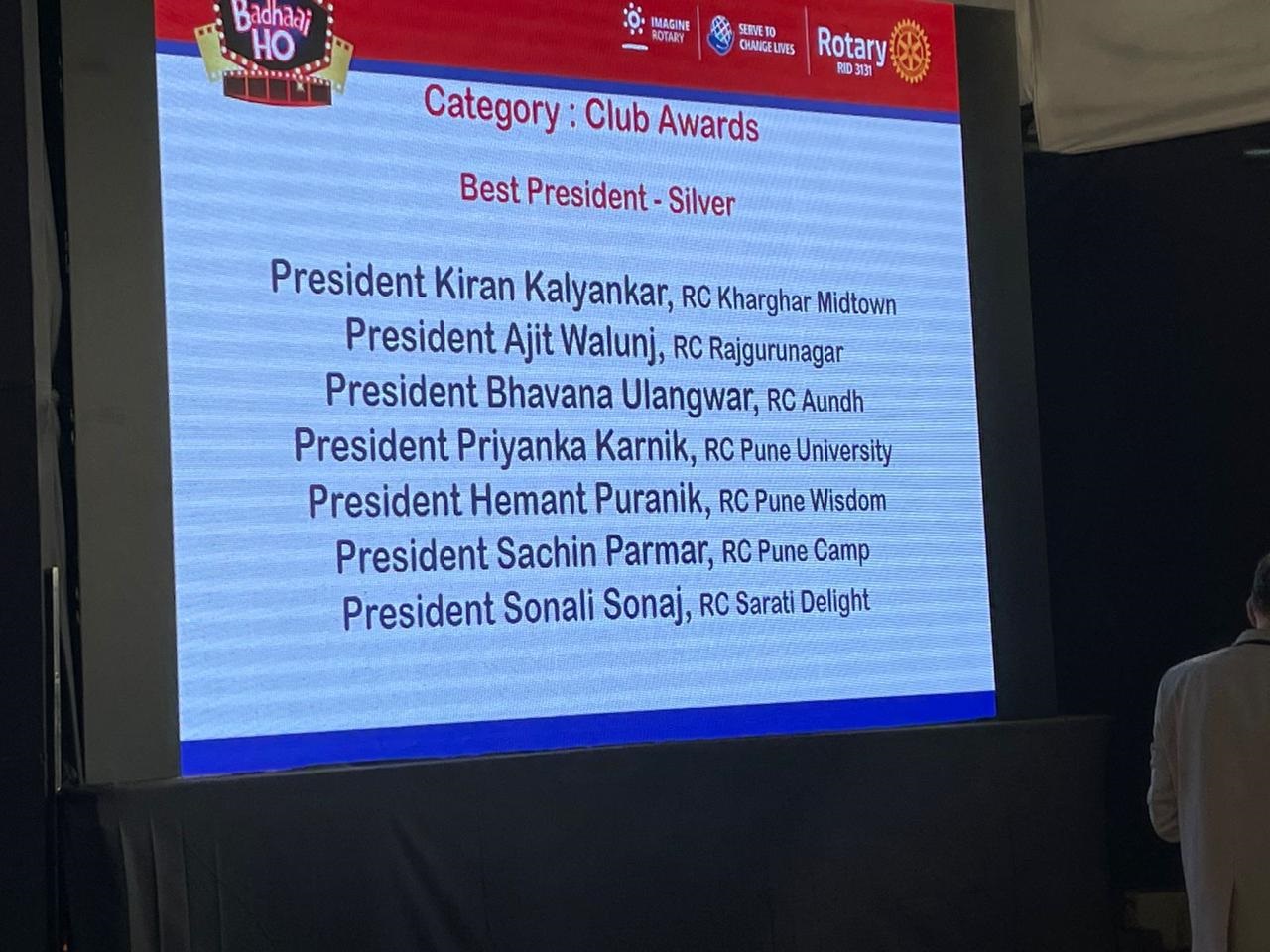 District award record naming President Priyanka Karnik of RC Pune University for Best President, Silver