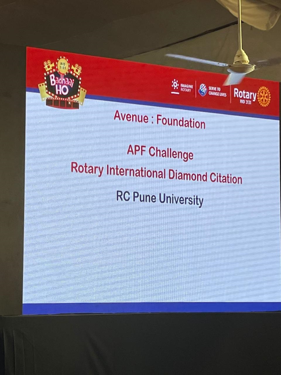 District award record naming RC Pune University for the Rotary International Diamond Citation in the APF challenge