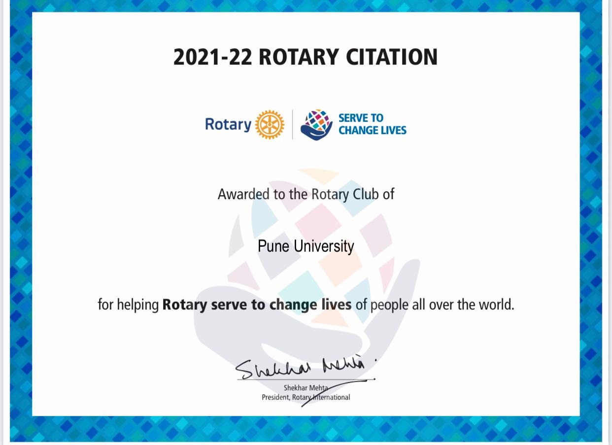 Rotary International 2021-22 Rotary Citation awarded to the Rotary Club of Pune University