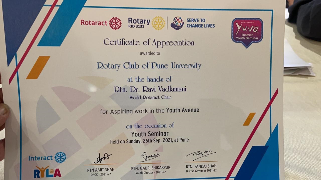 Certificate of appreciation to the club for aspiring work in the Youth Avenue, district Youth Seminar 2021
